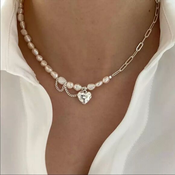✨Unique Asymmetric 925 Sterling Silver Chain White Pearl Heart Pendant Necklace - Picture 1 of 7